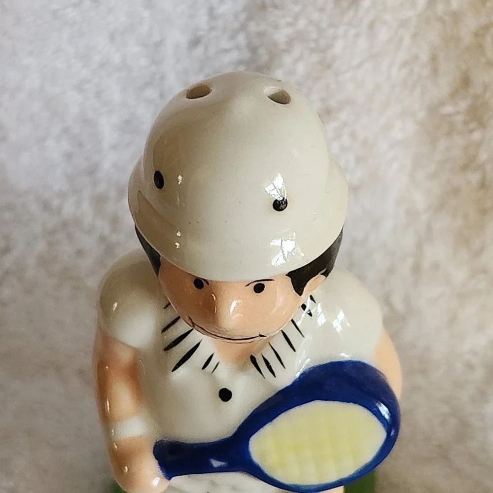 Vintage OCI Omnibus Ceramic Tennis Player and Ball Salt and Pepper Shaker Set